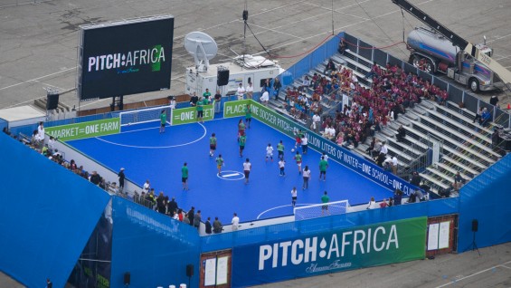 A working prototype of the water-harvesting soccer pitch was built and demonstrated in Los Angeles, California.