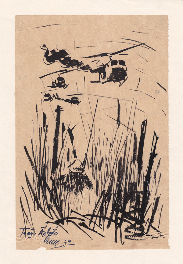 A drawing of Tran Ap Bac / Ap Bac Battle by Vietcong artist Truong Hieu, 1968