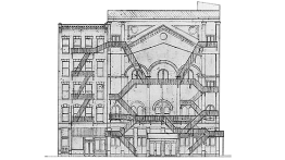 Dustin Atlas' drawing of the Miner's Bowery Theater fire escapes
